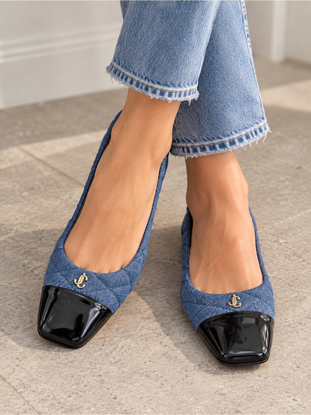 Jimmy Choo Leni Quilted Denim Patent Cap Toe Ballet Flats 39.5